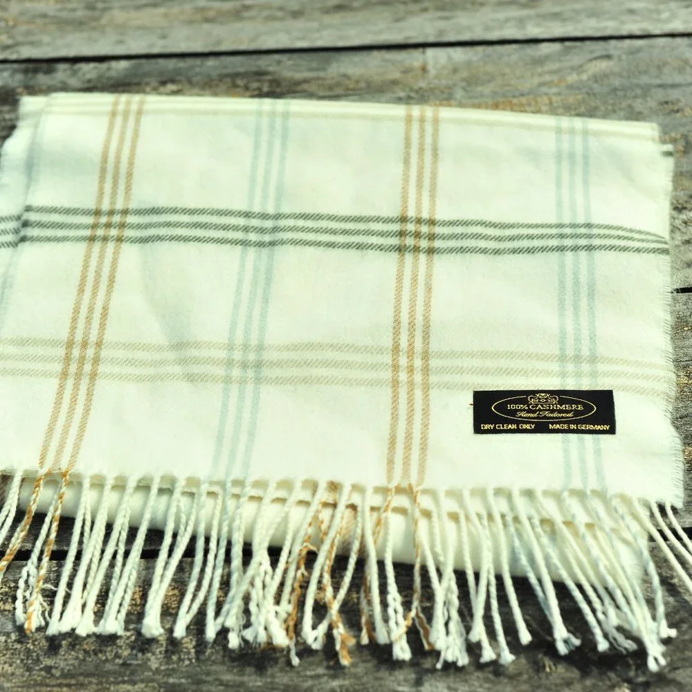100% CASHMERE European Fringed Plaid Cream Scarf